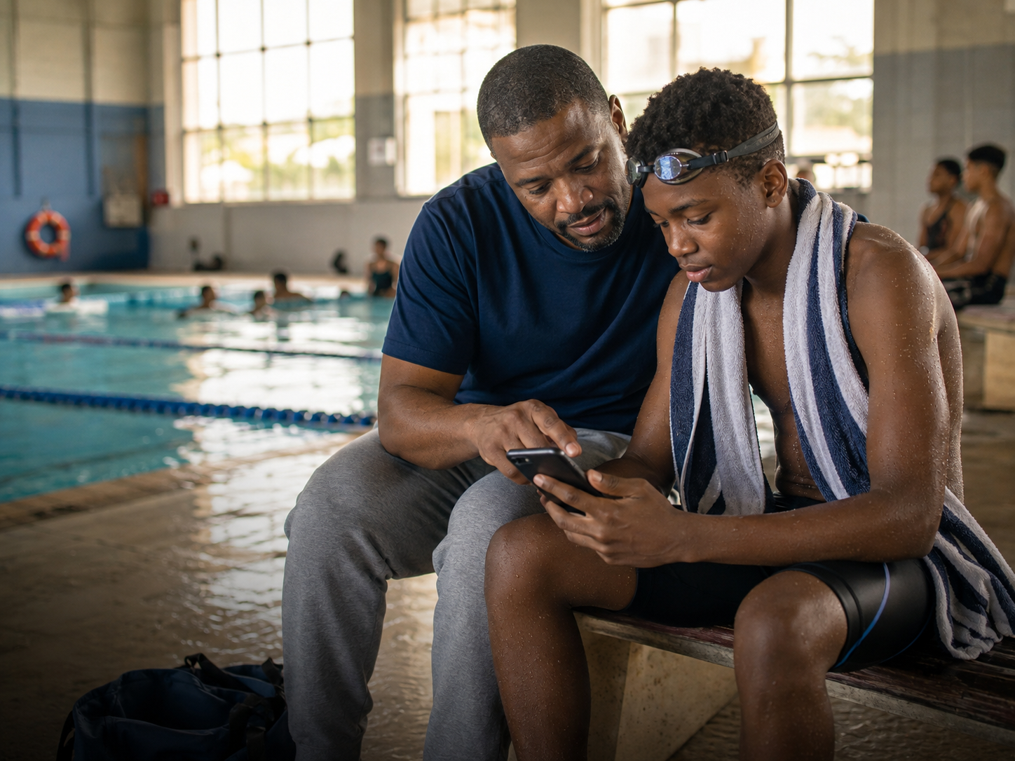Parent and youth swimmer reviewing consent choices beside a community pool