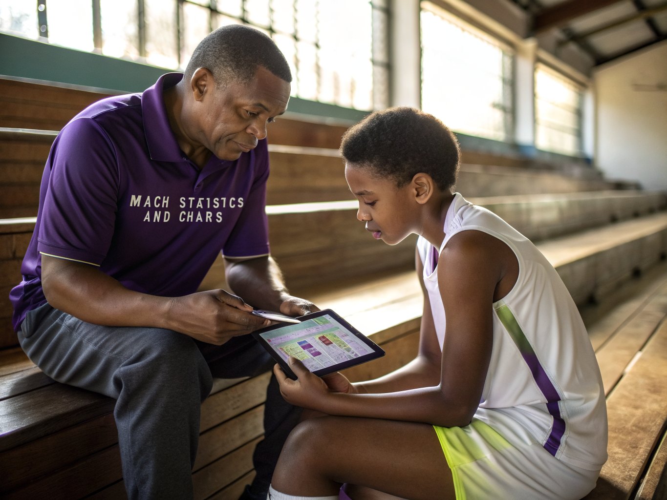 Coach reviewing stats with an athlete on a tablet