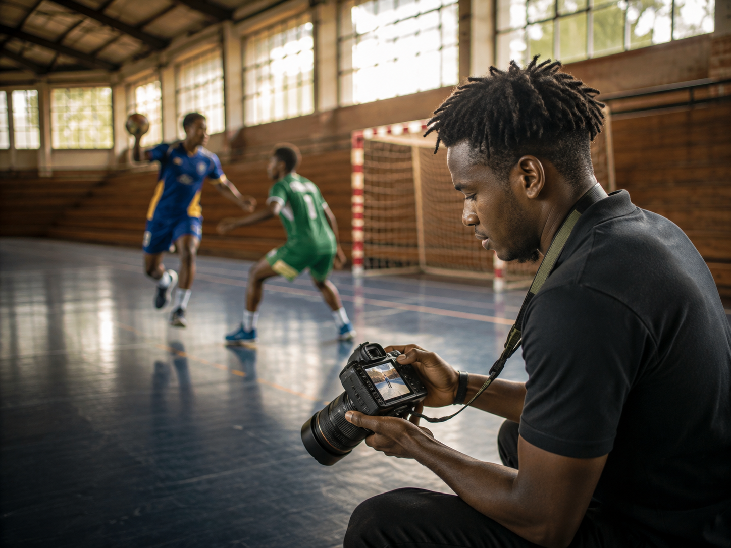 Sports photographer reviewing handball match photos in a community gym