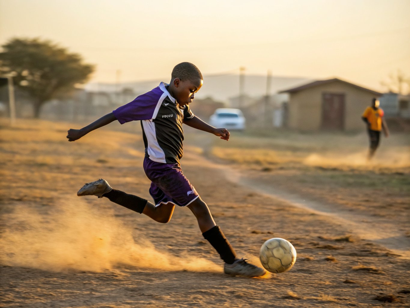 Soccer striker mid-strike on a township pitch